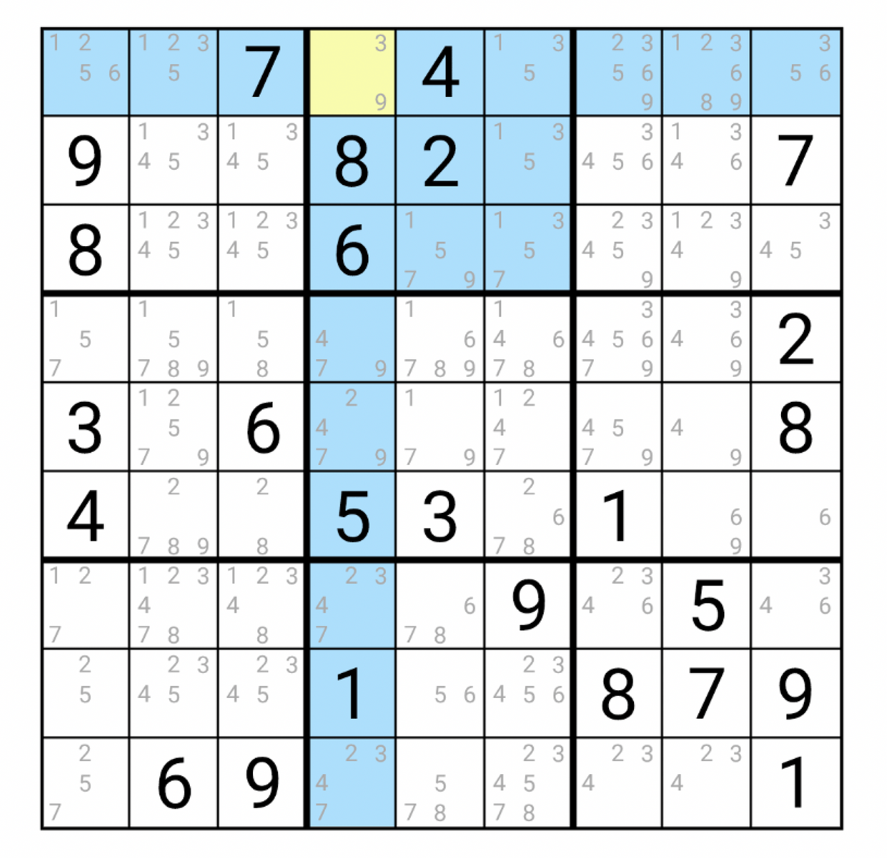 An image of the sudoku game. The fourth cell is selected, despite there being two empty cells before it, as it only has two candidates.