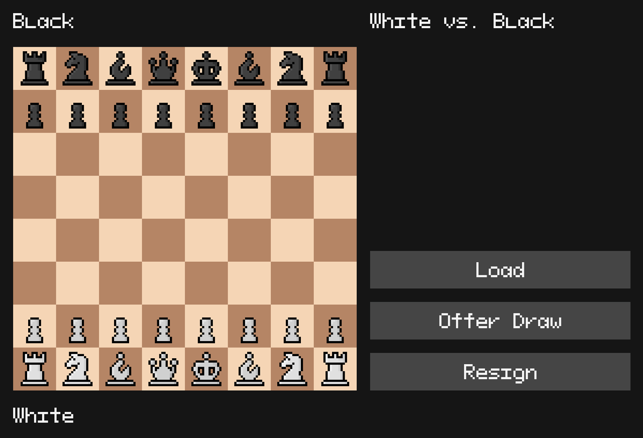 Screenshot of our chess game's GUI. The pieces are in their initial positions.