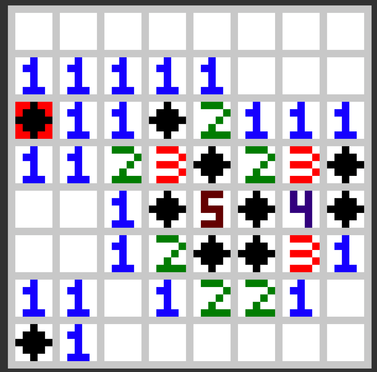 Pixel art of the full board, with all cells revealed. One mine is highlighted in red.