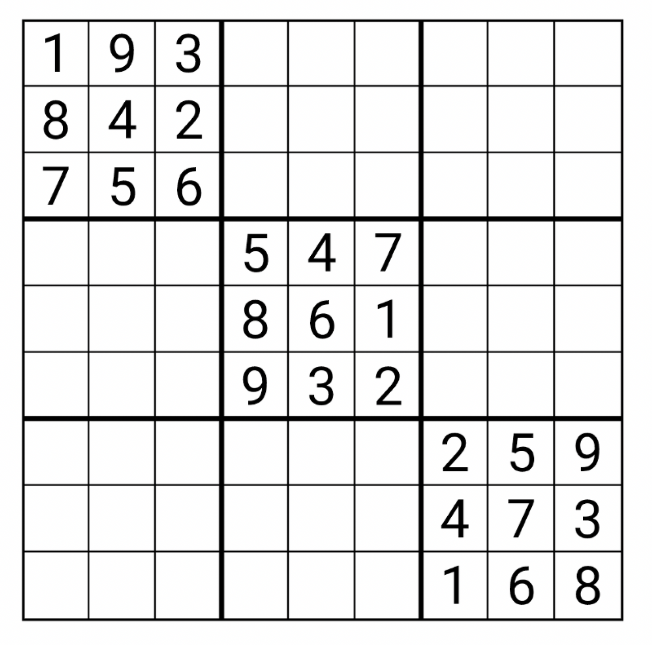 A sudoku board with the top left, middle, and bottom right blocks filled in with numbers 1-9 in a random order