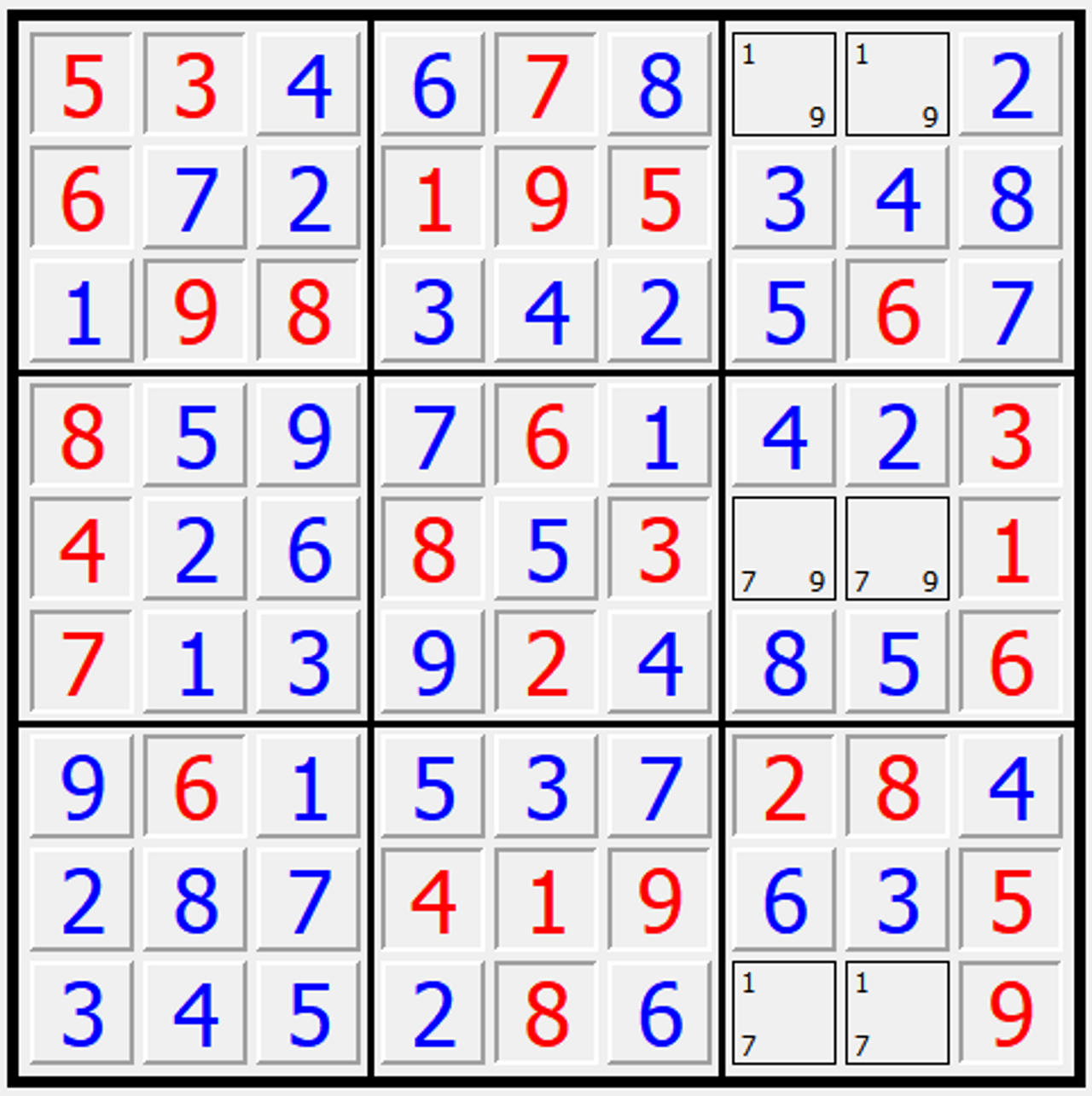 A sudoku puzzle with 2 distinct solutions. There are 6 cells removed across 2 columns, 3 rows, and 2 blocks.