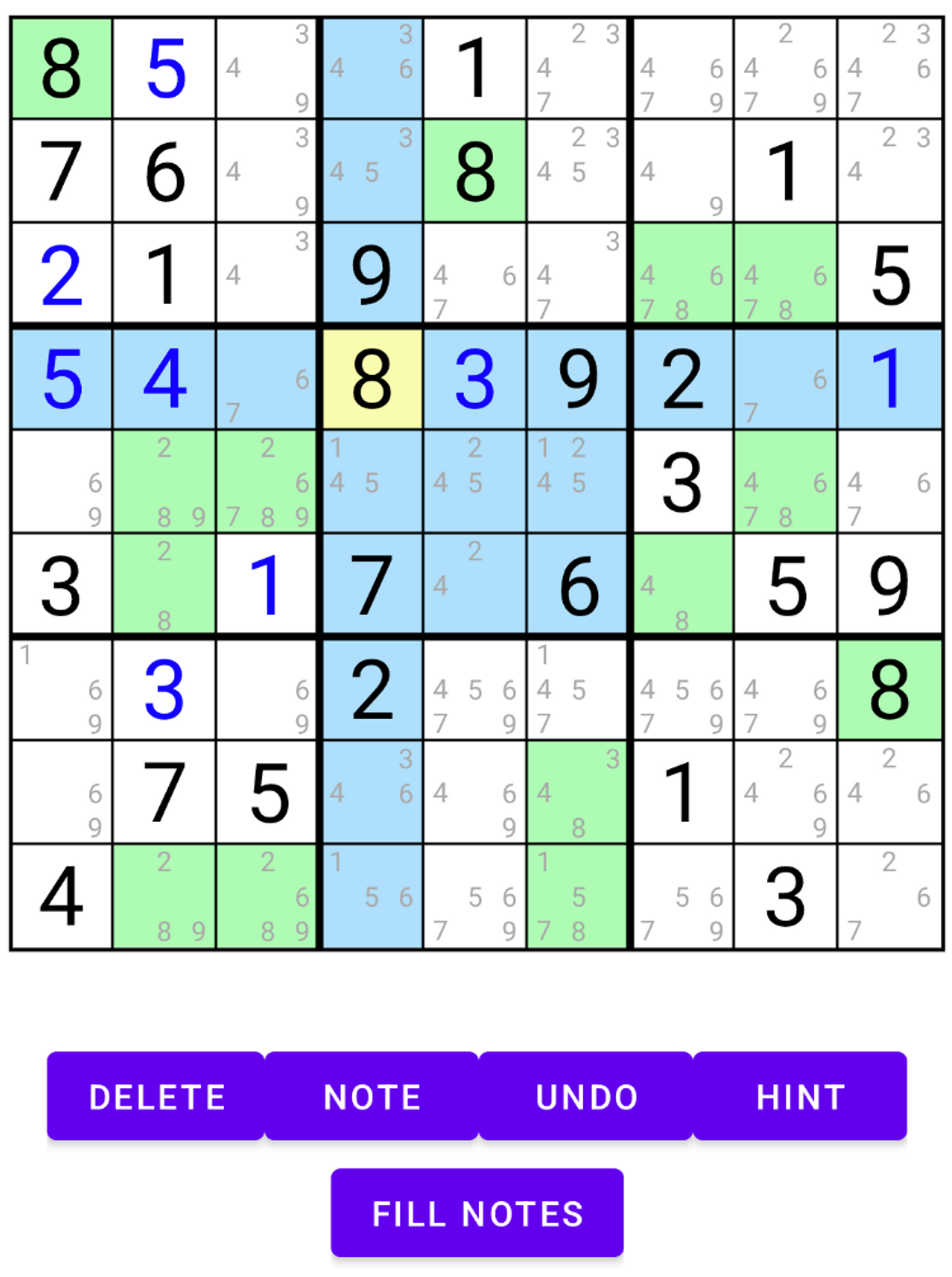 Screenshot of my Sudoku Android App, showing a game-in-progress.